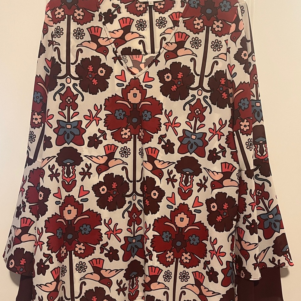 CROSBY by Mollie Burch Floral Top with Flared Sleeves  - Burgundy and Blue